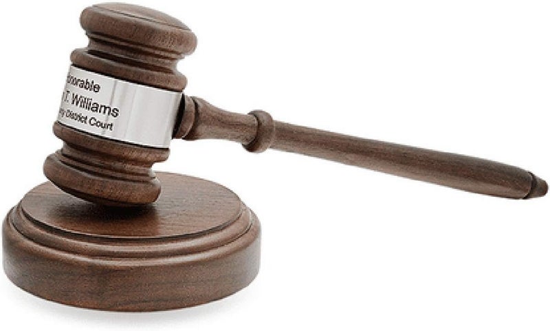 Executive Gift Shoppe | Personalized Oak Finish Wooden Gavel with Silver Band & Sounding Board - Image 1