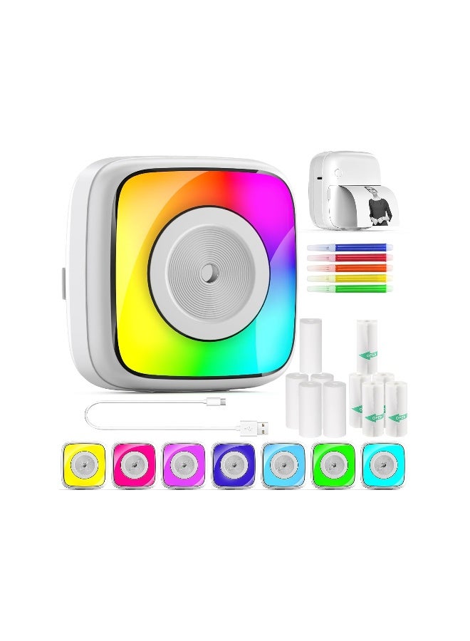 Mini Sticker Printer, with Rgb Light Pocket Inkless Thermal Printer Fit for IosAndroid, Bluetooth Smart Portable(with 5 Color Pens+5 Rolls of Printing Paper + 5 Rolls of Self-Adhesive Paper) - Image 1