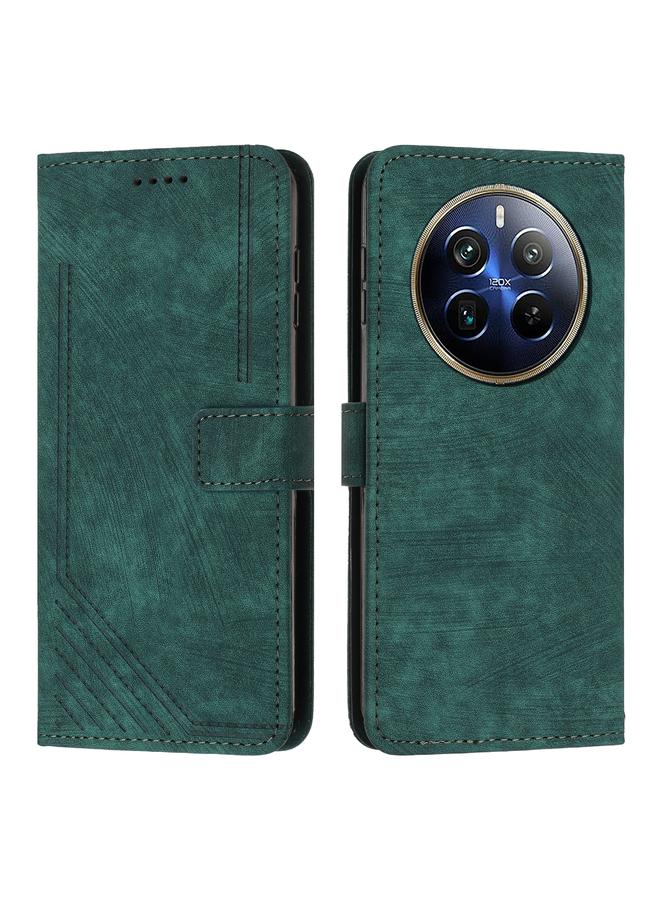 جرين تايجر جراب هاتف جلدي بنمط مخطط لهاتف Realme 12 Pro+ مع حزام (أخضر)