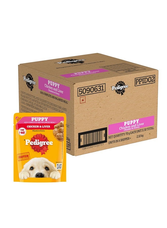 بيديجري طعام الكلاب الرطب من بيدجري بابي، قطع دجاج وكبد في مرق، 70 جم (عبوة من 30 قطعة)، مصنوع من لحوم حقيقية، وجبة كاملة ومتوازنة 100% للجراء - Image 3