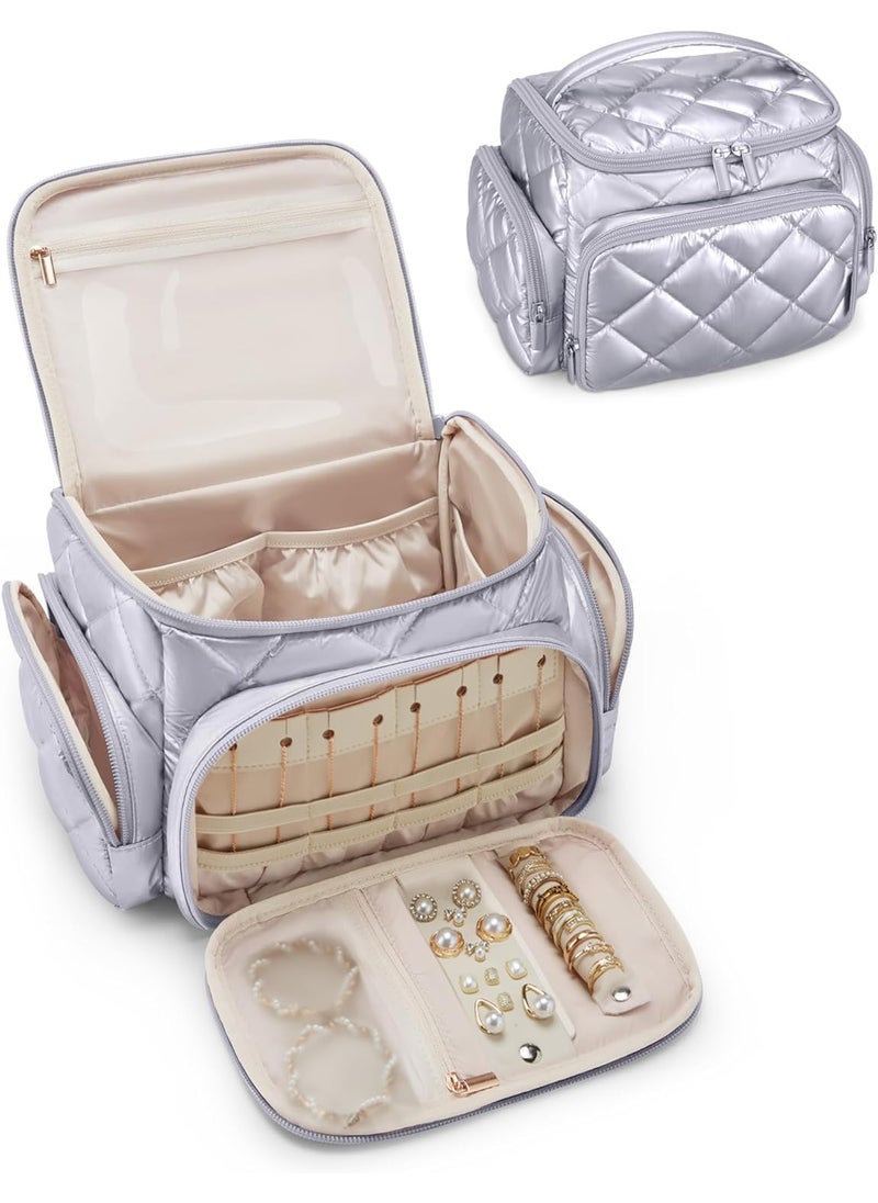 BAGSMART BAGSMART Large Makeup Bag with Jewelry Organizer, Travel Toiletry Bag with Multi-compartments, Toiletry Bags Cosmetic Bags for Women, for Travel-Size Toiletries Accessories (Silver) 