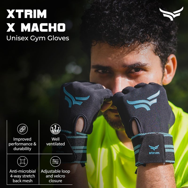 XTRIM xMacho Gym Gloves with Wrist Support Strap for Men & Women Workout, Half-Finger Hand Gloves for Weightlifting, Wrist Band for Dumbbell, Exercise & Gym Workout (M, Fits 7.5-8 Inches, Blue-Black) - Image 2