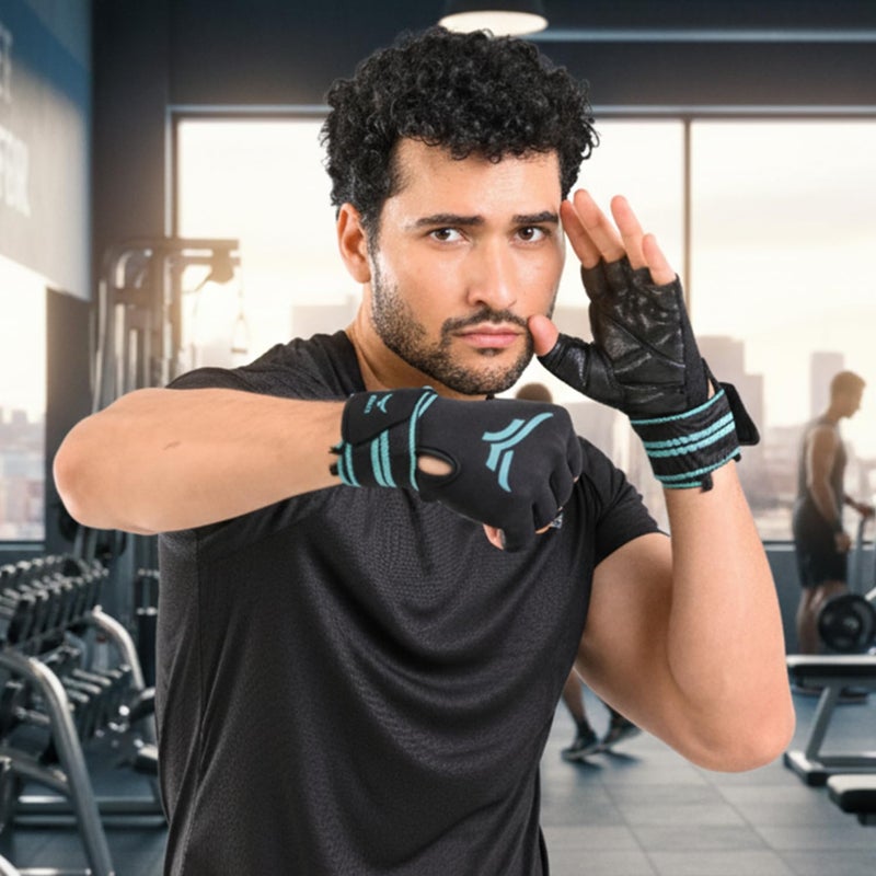 XTRIM xMacho Gym Gloves with Wrist Support Strap for Men & Women Workout, Half-Finger Hand Gloves for Weightlifting, Wrist Band for Dumbbell, Exercise & Gym Workout (M, Fits 7.5-8 Inches, Blue-Black) - Image 1