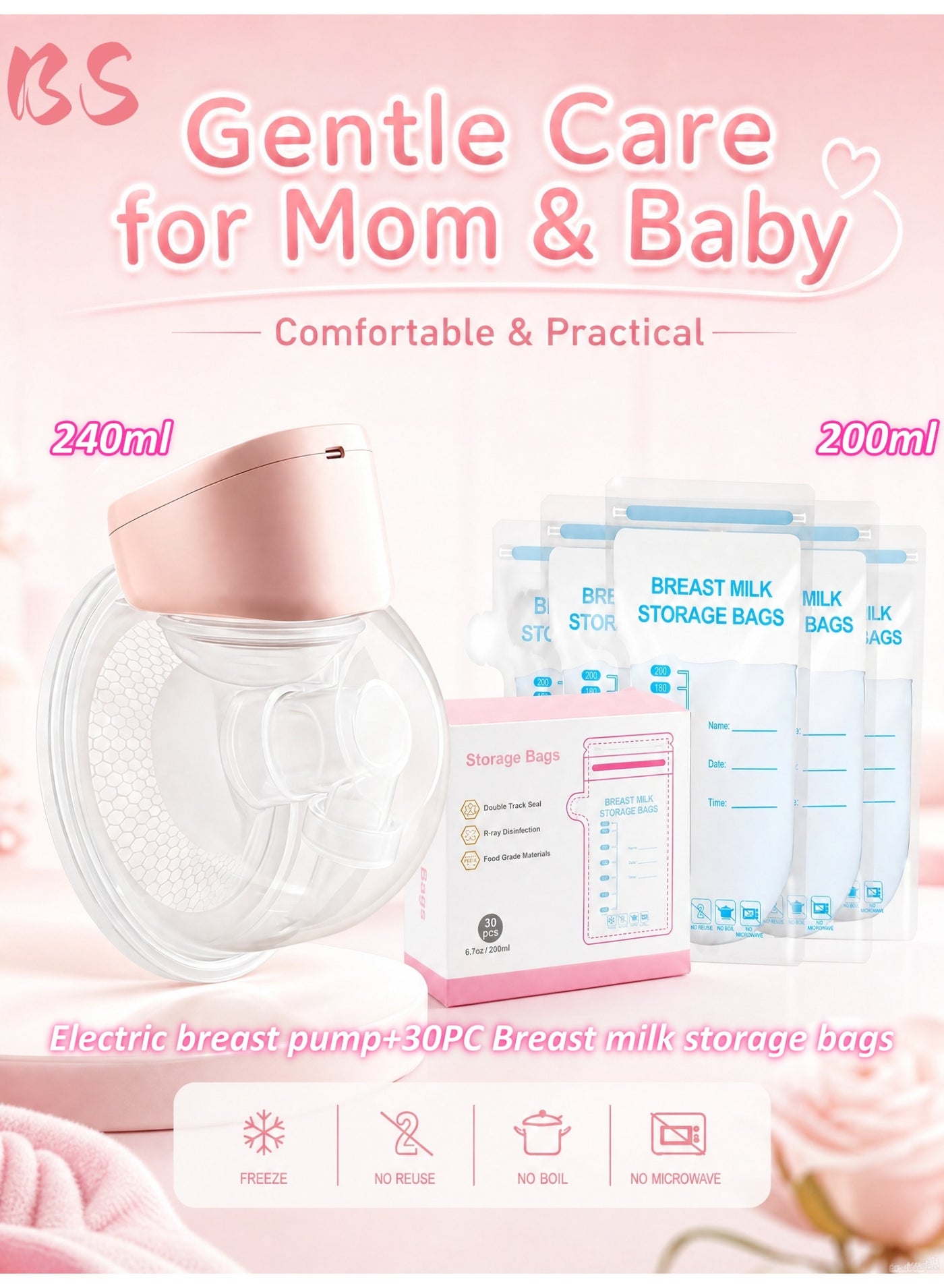 BS Wearable Hands-Free Electric Breast Pump 240ml + 30 Pack 200ml Breast Milk Storage Bags Set | Portable LED Display Breast Pump 4 Modes 9 Suction Levels, BPA-Free Leakproof Pre-Sterilized Milk Stora