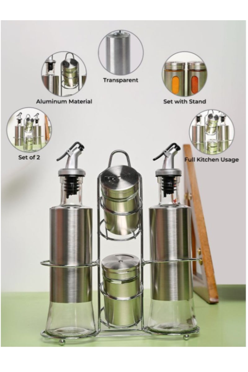 THE ARTFUL BLEND Glass Oil & Vinegar Dispenser Set – 4-Piece Clear Set | 2 x 500ml Oil Bottles + 2 x 350ml Spice Jars | Airtight Salad Dressing & Seasoning Cruets for Kitchen Use - Image 1