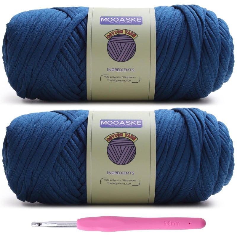 Mooaske 2 Pack T-Shirt Crochet Yarn for DIY Knitting Crochet Cloth Blanket Bag Dolls - 400g Chunky Thick Yarn for Crocheting with Polyester-Spandex Blend Elastic Fabric (Denim Blue) - Image 1