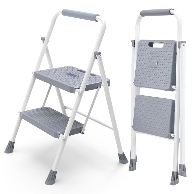 DUMOS Step Ladder, 2 Sturdy Step Stool with Anti-Slip Pedal & Comfortable Handrail, Portable Heavy Duty Step Stool for Kitchen, Garage & Outdoor Use, 800lbs, Grey - Image 1