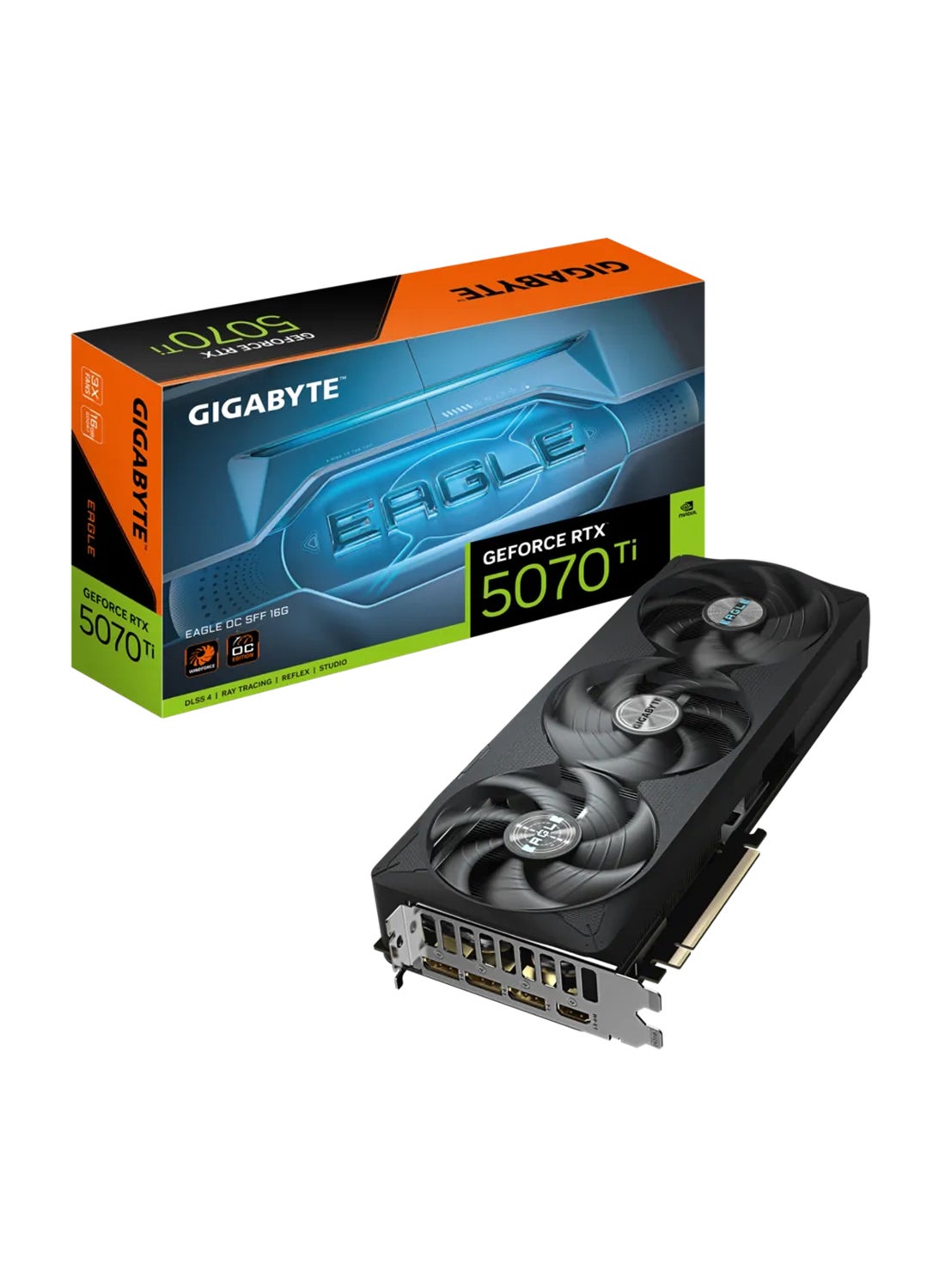 GeForce RTX™ 5070 Ti EAGLE OC SFF 16GB GDDR7 Graphics Card, PCI-E 5.0, WINDFORCE Cooling, Dual BIOS (Performance/Silent), RGB Lighting, DisplayPort 2.1a x3, HDMI 2.1b, 8K Resolution, 16-pin Power Connector | GV-N507TEAGLE OC-16GD Black