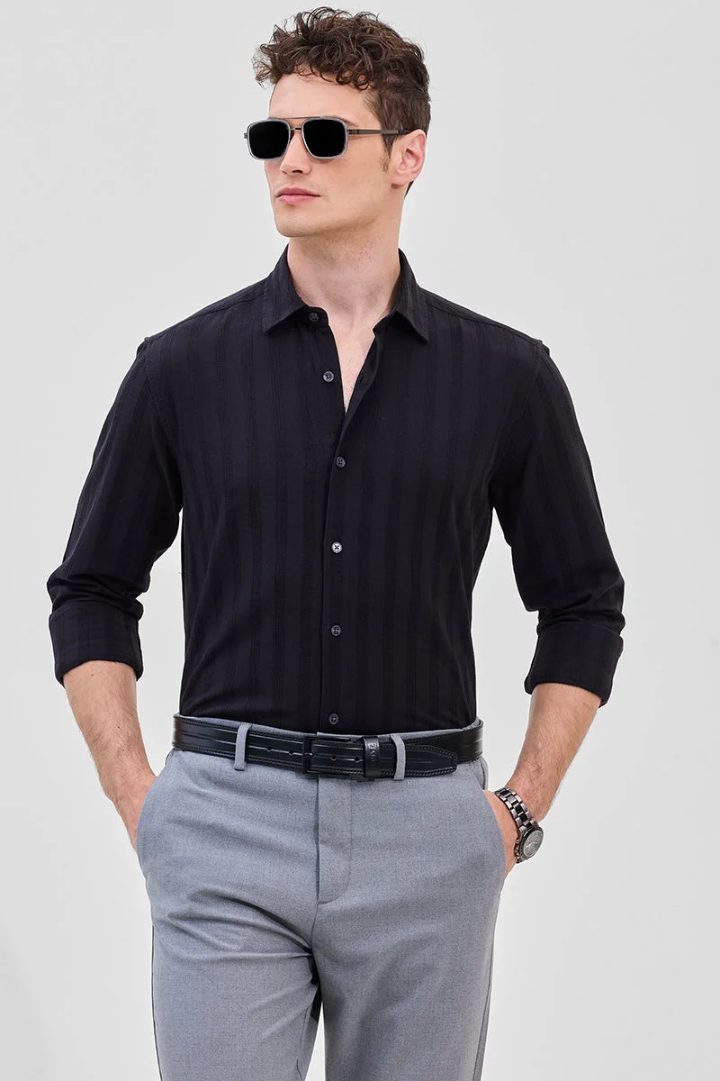 SNITCH Black Textured Long Sleeve Slim Fit Shirt