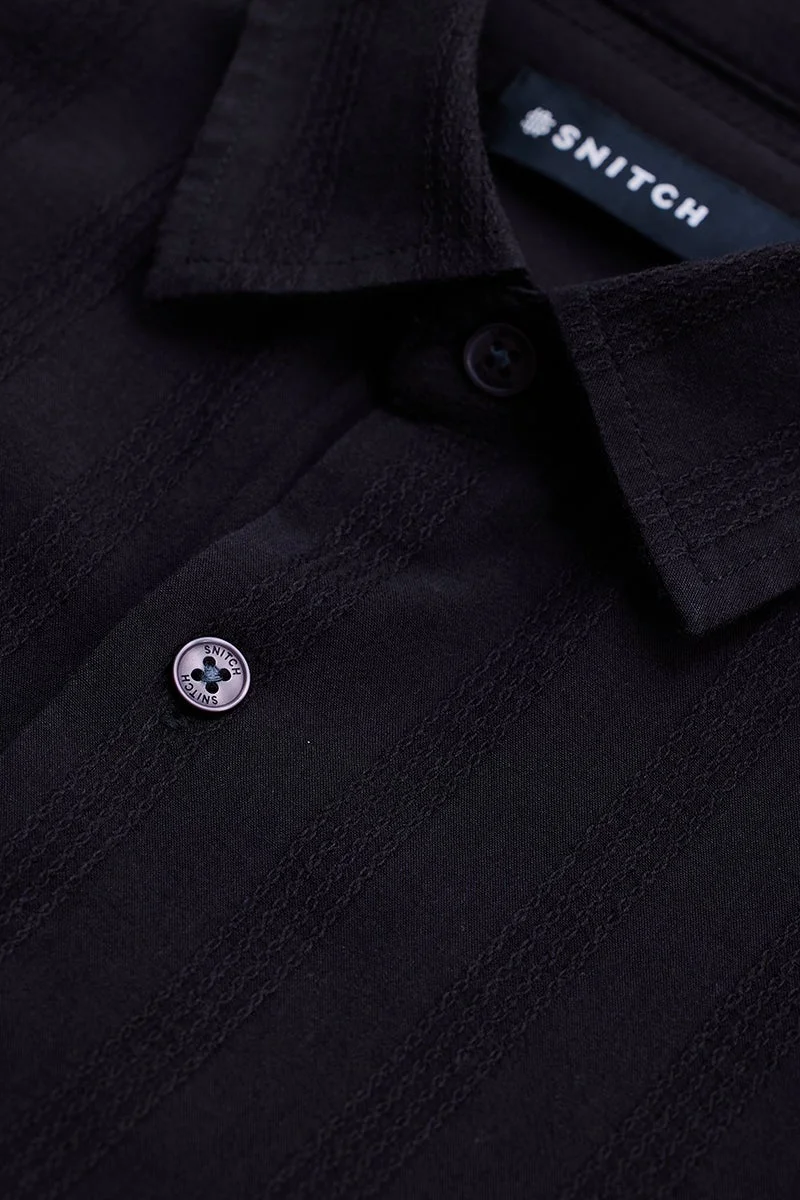 سنيتش Black Textured Long Sleeve Slim Fit Shirt
