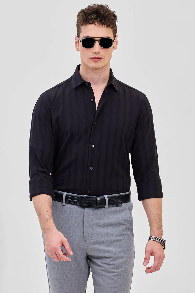 سنيتش Black Textured Long Sleeve Slim Fit Shirt