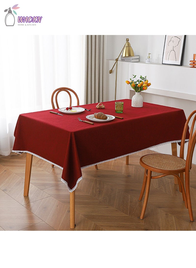 WAOKN Tablecloth, Waterproof And Oil-Proof End Table Dustproof Cover, Solid Color Lacy Picnic Blanket, Red - Image 1