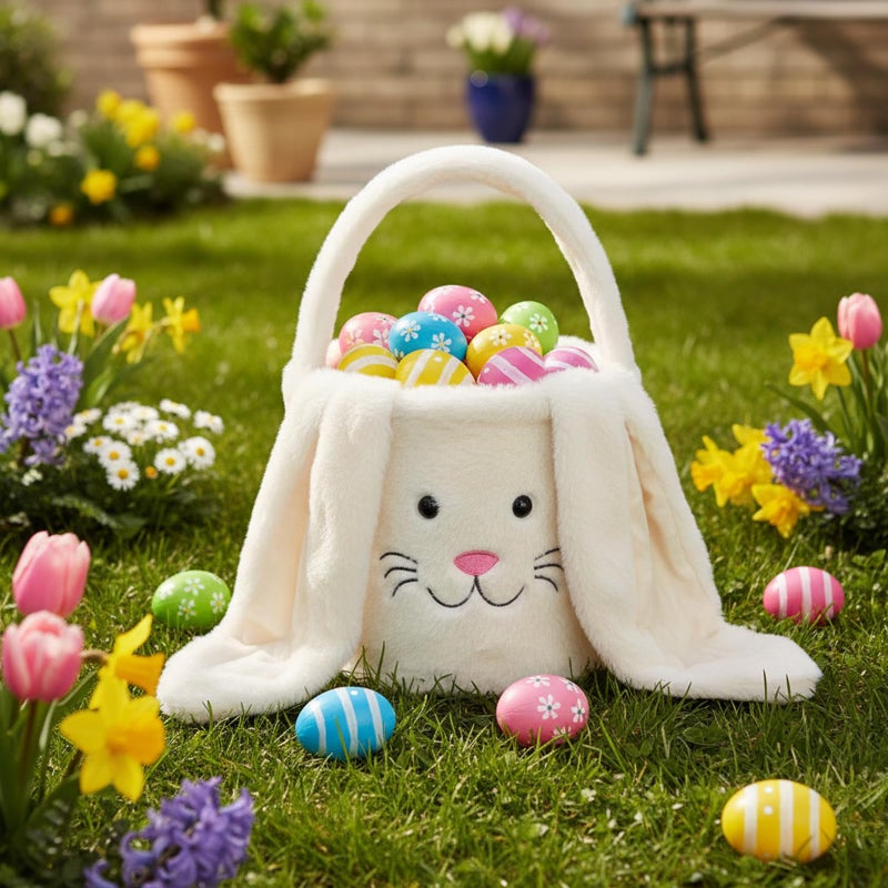 E-FirstFeeling Plush Easter Bunny Basket,Soft Bunny Easter Bucket for Egg Hunt and Candy,Easter Decorations Party Favors Gifts Storage (Plush-White) - Image 5