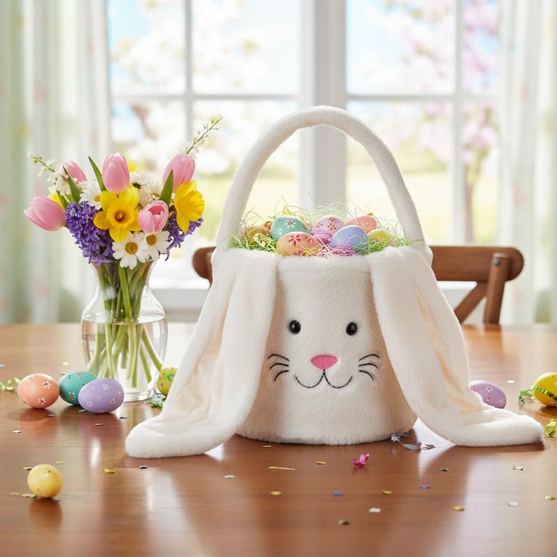 E-FirstFeeling Plush Easter Bunny Basket,Soft Bunny Easter Bucket for Egg Hunt and Candy,Easter Decorations Party Favors Gifts Storage (Plush-White) - Image 2