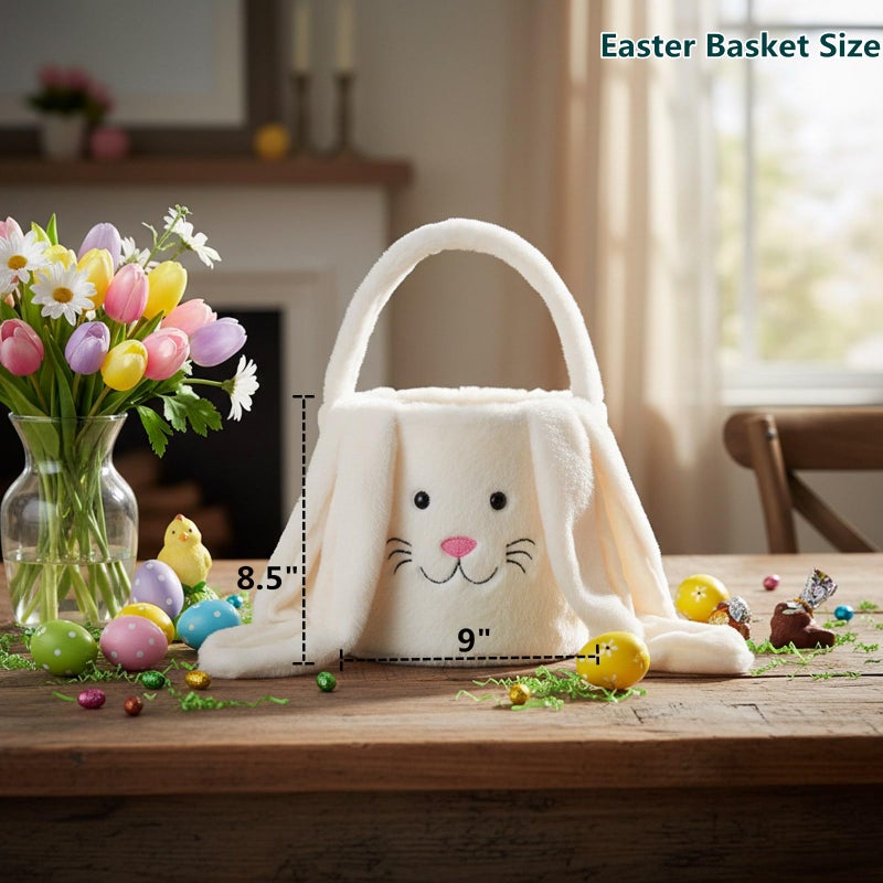 E-FirstFeeling Plush Easter Bunny Basket,Soft Bunny Easter Bucket for Egg Hunt and Candy,Easter Decorations Party Favors Gifts Storage (Plush-White) - Image 3