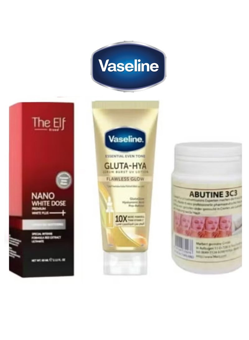 Vaseline Gluta Hyaluronic Acid Serum Burst Lotion 200ml & The Elf Nano Whitening and Renewal Abutine 3C3 Cream Set