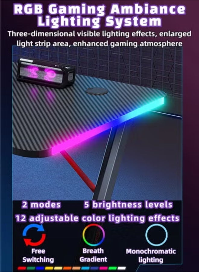 RGB carbon fiber ambient light, Internet cafe home office computer table game table e-sports table  Z-Shaped Computer Desk with Steel Frame, Headphone Hook, Adjustable Feet | Carbon Fiber Texture Surface, Sweat & Waterproof | for Gaming, Home Office - Image 5