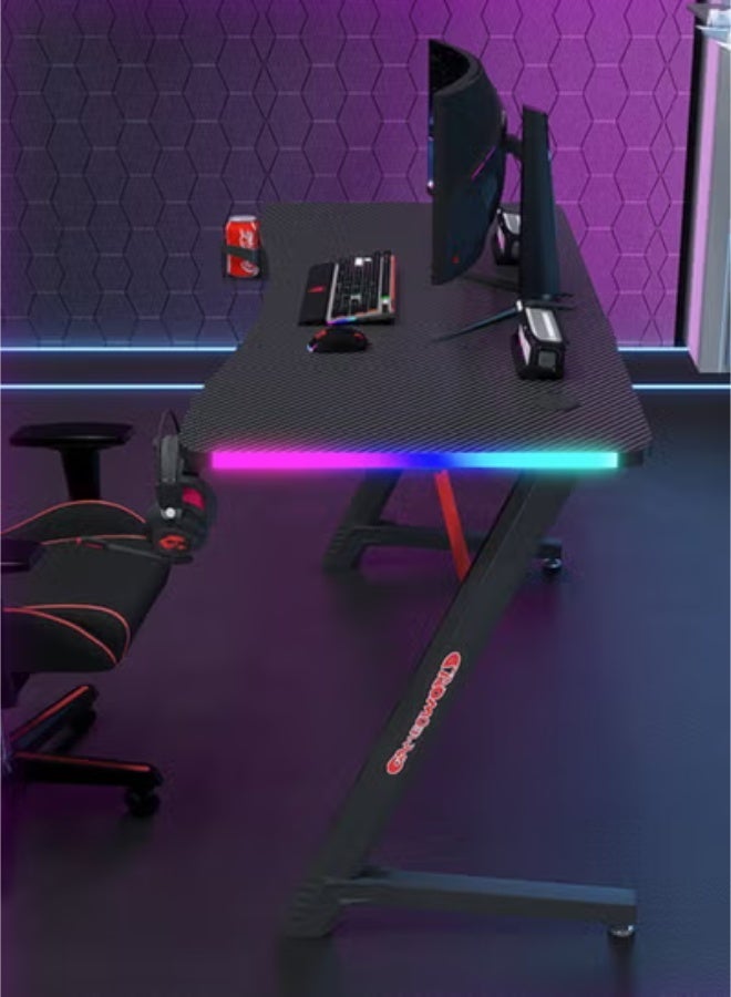 RGB carbon fiber ambient light, Internet cafe home office computer table game table e-sports table  Z-Shaped Computer Desk with Steel Frame, Headphone Hook, Adjustable Feet | Carbon Fiber Texture Surface, Sweat & Waterproof | for Gaming, Home Office - Image 2