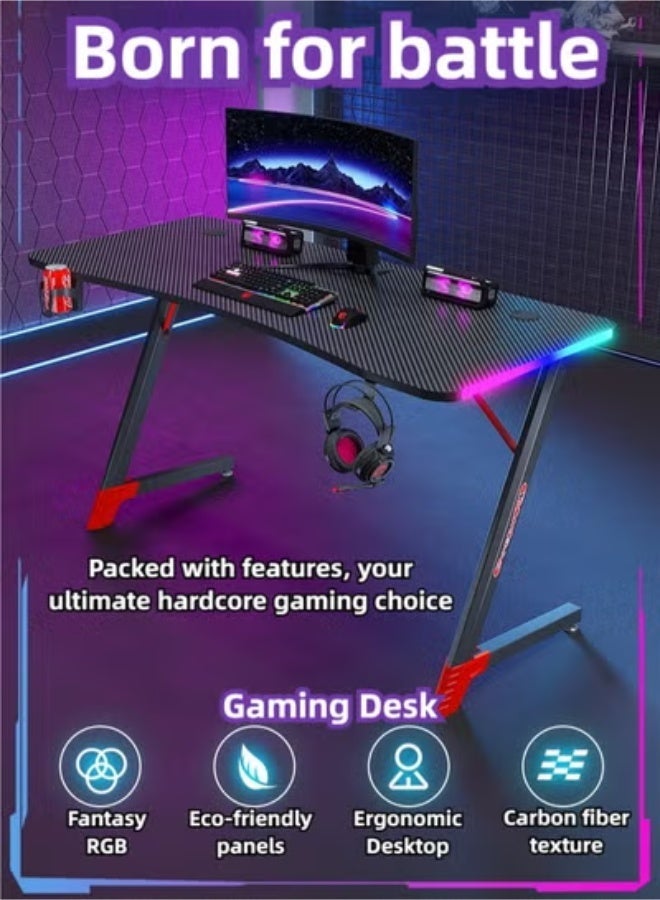 RGB carbon fiber ambient light, Internet cafe home office computer table game table e-sports table  Z-Shaped Computer Desk with Steel Frame, Headphone Hook, Adjustable Feet | Carbon Fiber Texture Surface, Sweat & Waterproof | for Gaming, Home Office - Image 1