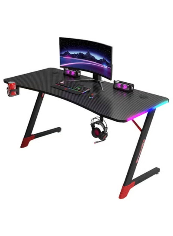 RGB carbon fiber ambient light, Internet cafe home office computer table game table e-sports table  Z-Shaped Computer Desk with Steel Frame, Headphone Hook, Adjustable Feet | Carbon Fiber Texture Surface, Sweat & Waterproof | for Gaming, Home Office - Image 3