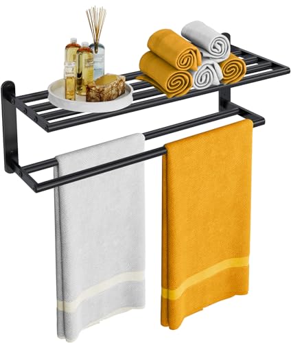 XEENEW Double Towel Racks for Bathroom Towel Shelf with Double Towel Bar 24 inch Towel Rack with Shelf for Bathroom Stainless Steel Towel Holder Wall Mounted Towel Storage for Bathroom Lavatory Black - Image 1