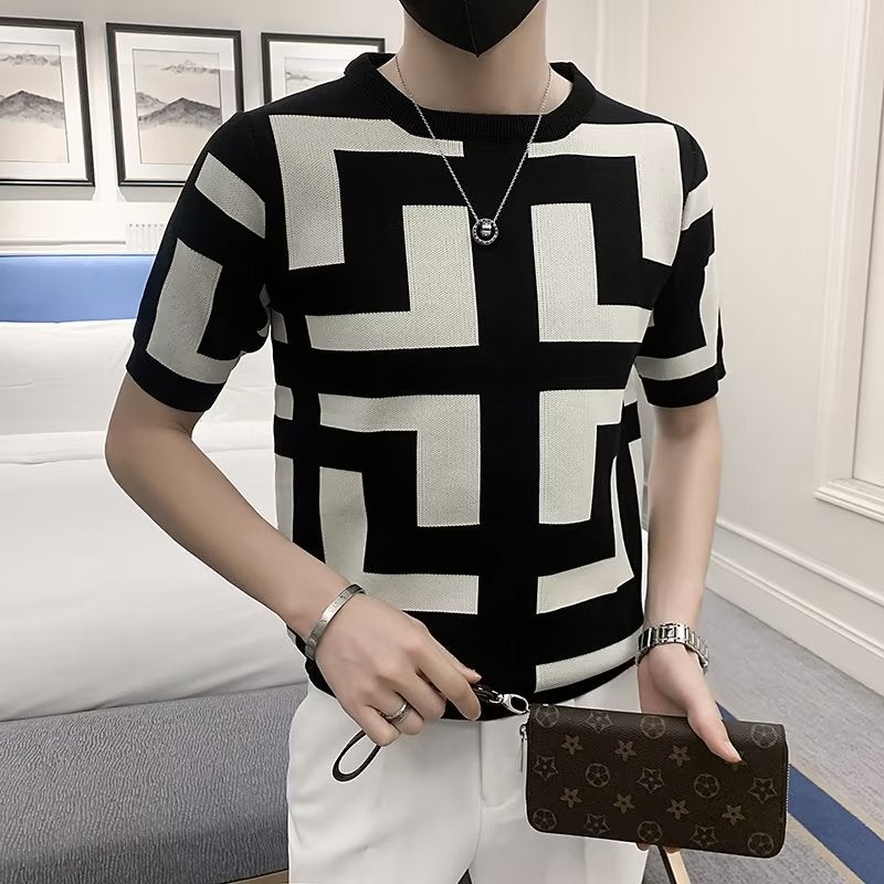 Color-Block Geometric Pattern Short-Sleeve T-Shirt For Young Men, Trendy Slim-Fit Crew Neck Top, Stylish Casual Knit Base Shirt - Image 2