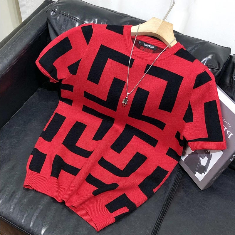 Color-Block Geometric Pattern Short-Sleeve T-Shirt For Young Men, Trendy Slim-Fit Crew Neck Top, Stylish Casual Knit Base Shirt - Image 1