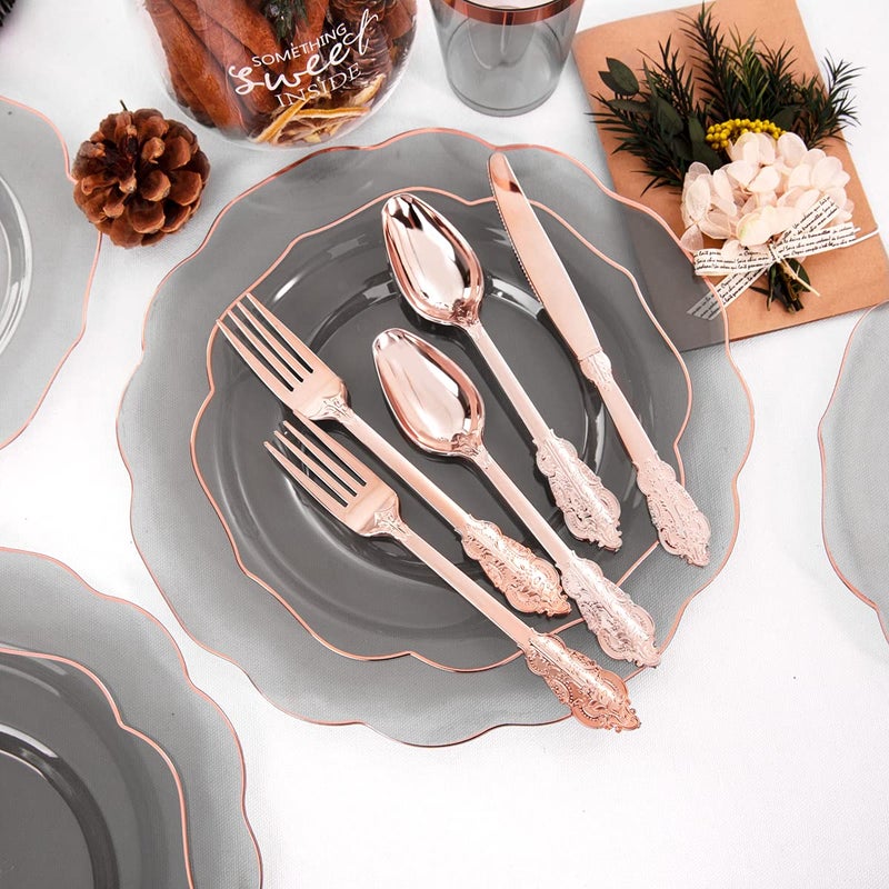 BUCLA 30 Guest Clear Black Plastic Plates With Rose Gold Silverware & Disposable Cups - Rose Gold Rim Plastic Dinnerware Ideal for Party & New Year - Image 4