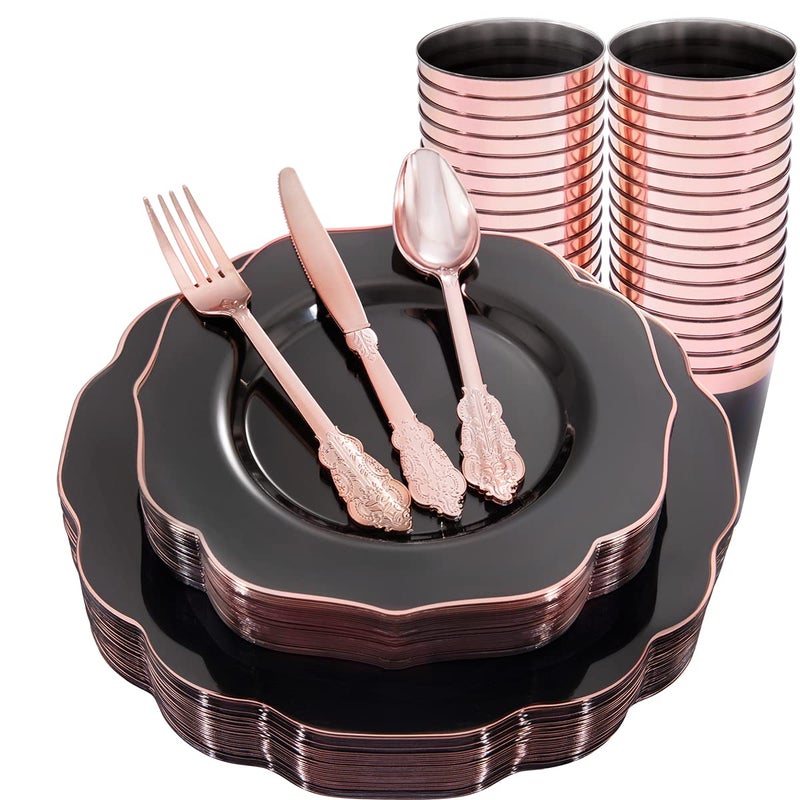BUCLA 30 Guest Clear Black Plastic Plates With Rose Gold Silverware & Disposable Cups - Rose Gold Rim Plastic Dinnerware Ideal for Party & New Year - Image 1