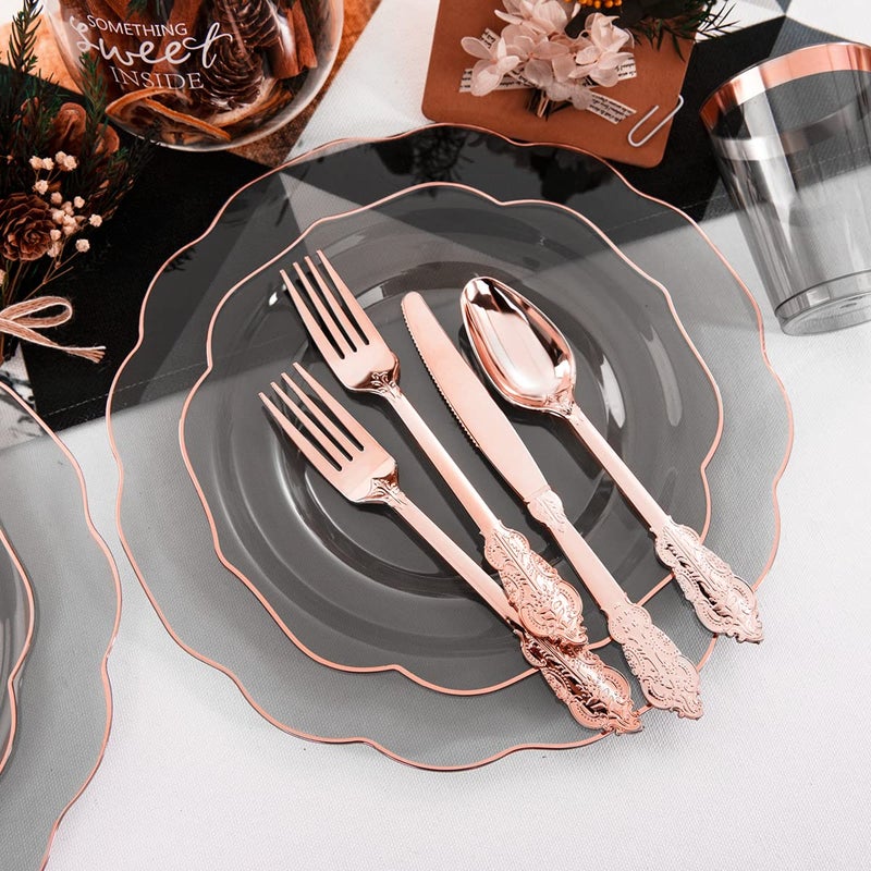 BUCLA 30 Guest Clear Black Plastic Plates With Rose Gold Silverware & Disposable Cups - Rose Gold Rim Plastic Dinnerware Ideal for Party & New Year - Image 5