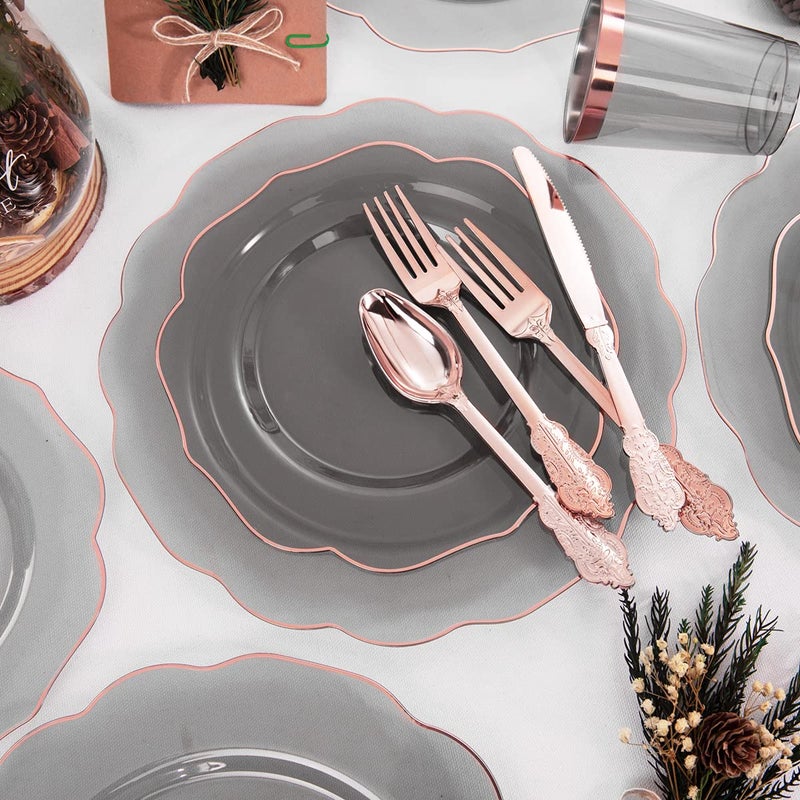 BUCLA 30 Guest Clear Black Plastic Plates With Rose Gold Silverware & Disposable Cups - Rose Gold Rim Plastic Dinnerware Ideal for Party & New Year - Image 2