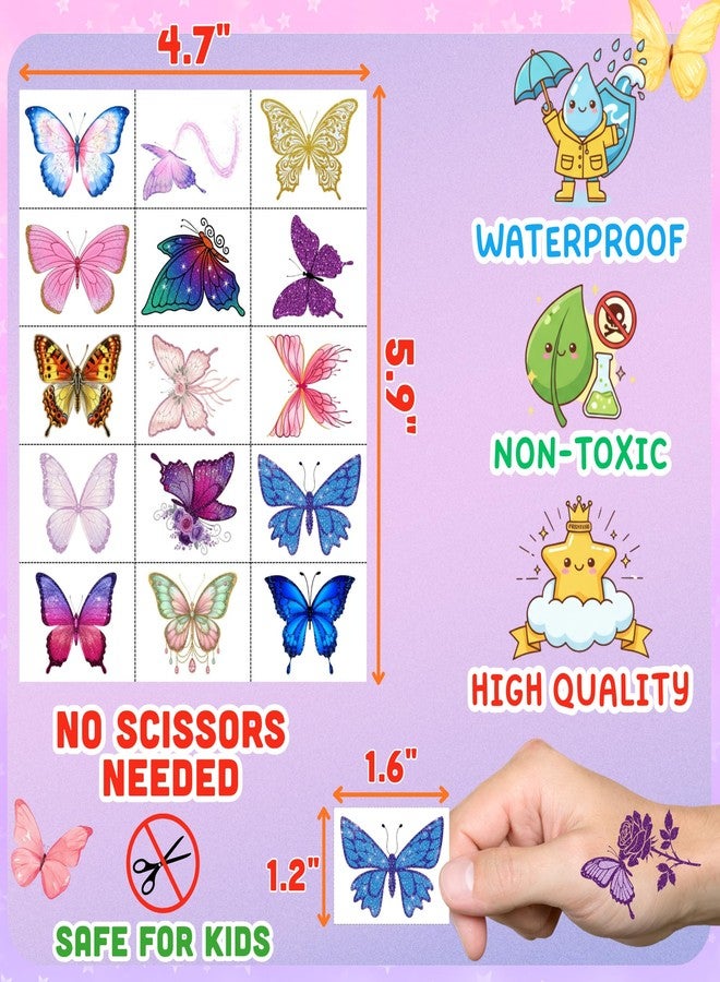 Backtopeia Glitter Butterfly Temporary Tattoos | Butterfly Themed Birthday Party Decorations Party Favors Supplies Accessories Stickers Gift Idea For Kids Boy Girl Teen Adult 60Pcs 4 Sheets Pre-cut - Image 4