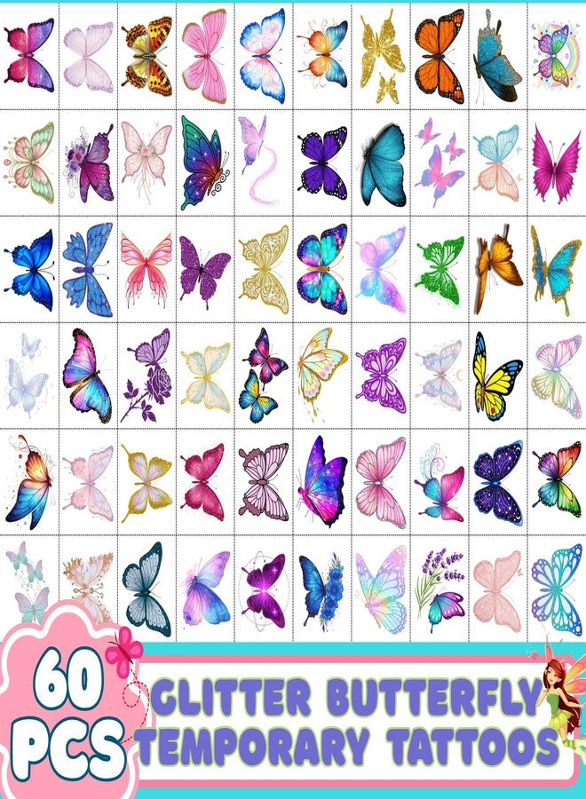 Backtopeia Glitter Butterfly Temporary Tattoos | Butterfly Themed Birthday Party Decorations Party Favors Supplies Accessories Stickers Gift Idea For Kids Boy Girl Teen Adult 60Pcs 4 Sheets Pre-cut - Image 2