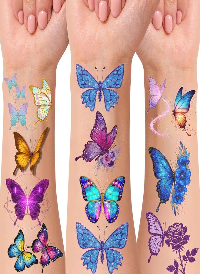 Backtopeia Glitter Butterfly Temporary Tattoos | Butterfly Themed Birthday Party Decorations Party Favors Supplies Accessories Stickers Gift Idea For Kids Boy Girl Teen Adult 60Pcs 4 Sheets Pre-cut - Image 1