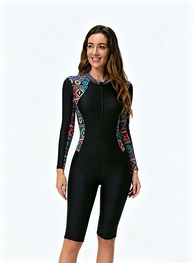 INSIJAM Women's One Piece Rash Guard Swimsuit Long Sleeve Boyleg - Sun UV Protection, Zip Front Modest Full Body Surf Suit, Tummy Control Printed Wetsuit for Swimming Surfing Diving Snorkeling - Image 5