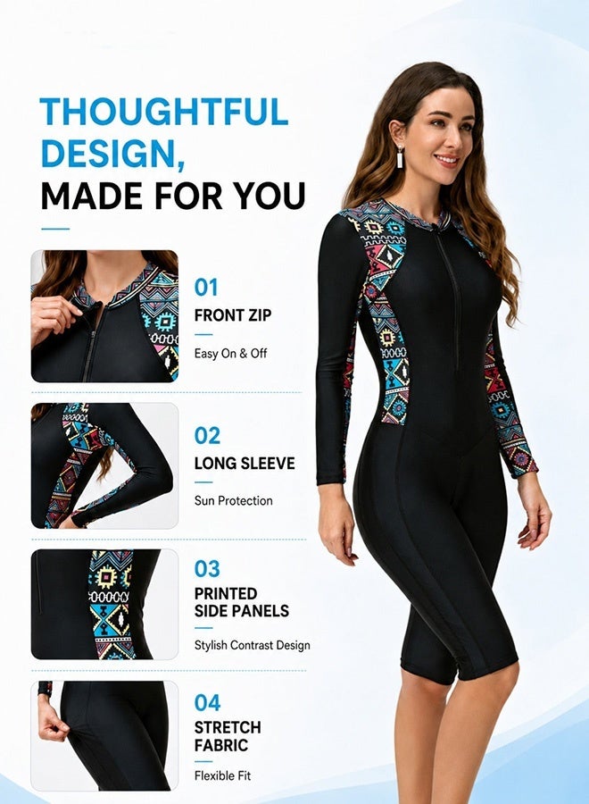INSIJAM Women's One Piece Rash Guard Swimsuit Long Sleeve Boyleg - Sun UV Protection, Zip Front Modest Full Body Surf Suit, Tummy Control Printed Wetsuit for Swimming Surfing Diving Snorkeling - Image 2