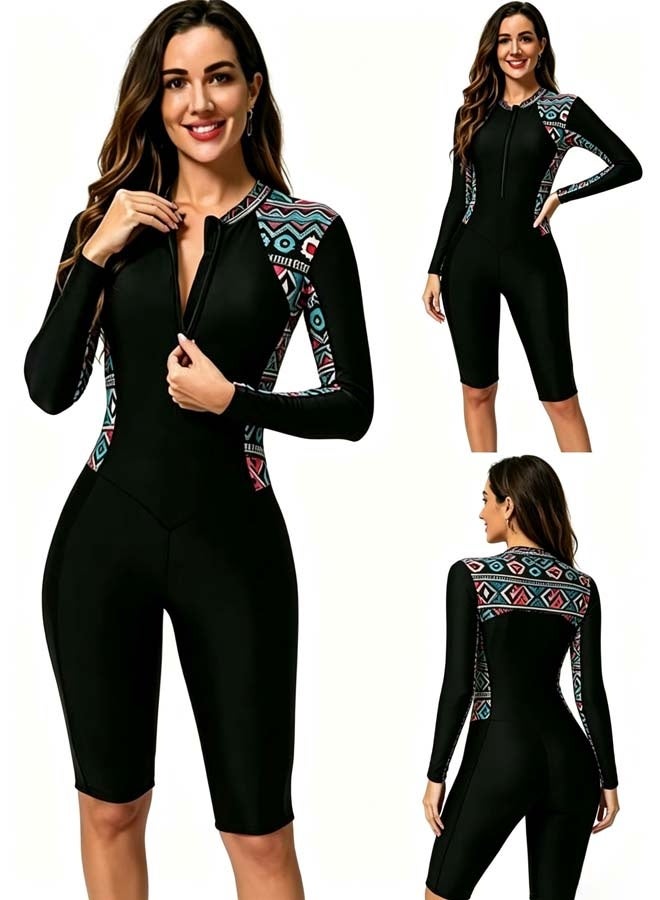 INSIJAM Women's One Piece Rash Guard Swimsuit Long Sleeve Boyleg - Sun UV Protection, Zip Front Modest Full Body Surf Suit, Tummy Control Printed Wetsuit for Swimming Surfing Diving Snorkeling - Image 1