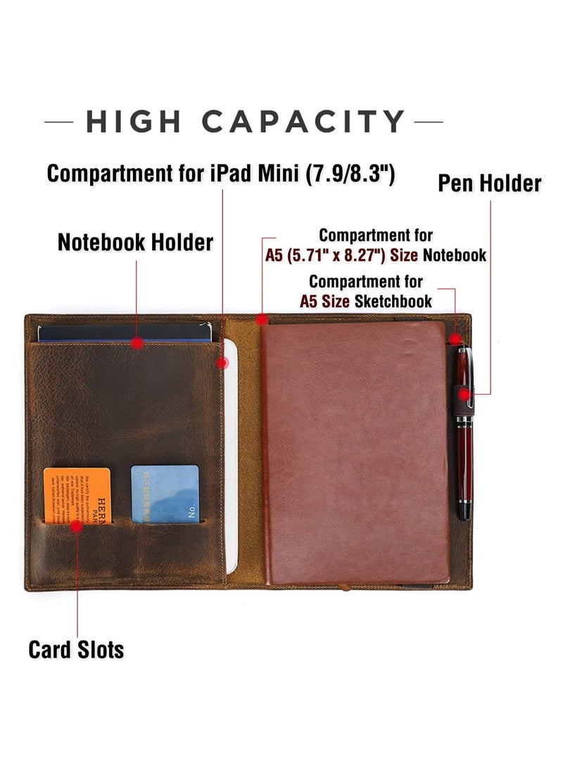 Conference Folder Executive Business Padfolio for Men Women Leather Handmade Vintage Design Multi-Functional Business Portfolio Organizer for Cards iPad Mini Pen A5 Size Document 8.3 Inch
