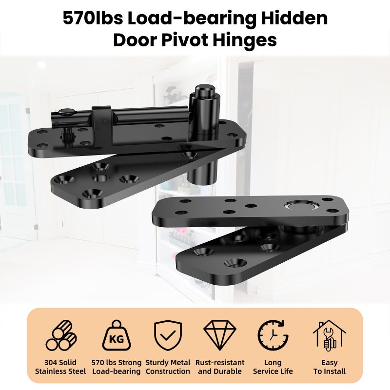 KIMSOFUNNY Hidden Door Hinge Pivot Hinge, 570LBS Load-Bearing Heavy Duty Pivot Door Hardware for Hidden Door Bookcase, Hinge Kit 360Â° Rotation Invisible Door Hinges for Secret Door (Black) - Image 2