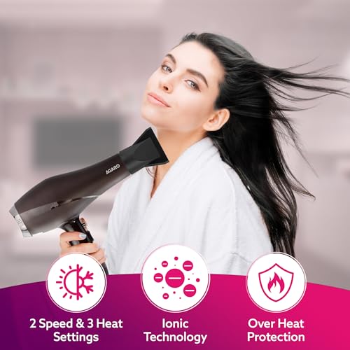 AGARO أجارو HD-1120 2000W مجفف شعر احترافي يعمل بالتيار المتردد مع مشط، تركيز وموزع الهواء، هواء ساخن وبارد، إعدادين للسرعة وثلاث درجات حرارة مع زر تبريد، مجفف شعر ومروحة للرجال والنساء - Image 2