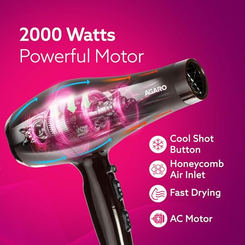 AGARO أجارو HD-1120 2000W مجفف شعر احترافي يعمل بالتيار المتردد مع مشط، تركيز وموزع الهواء، هواء ساخن وبارد، إعدادين للسرعة وثلاث درجات حرارة مع زر تبريد، مجفف شعر ومروحة للرجال والنساء - Image 4