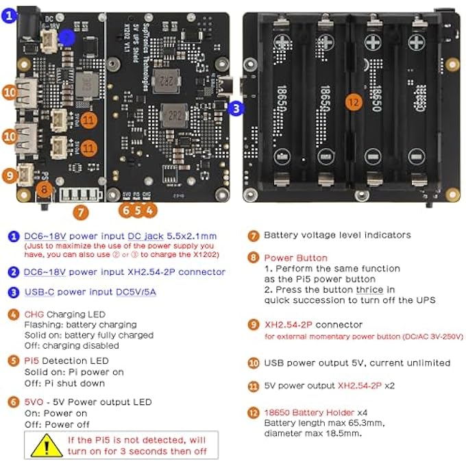 RASPBERRY PI 5 UPS (X1202), 4-CELL 18650 UPS (MAX 5.1V 5A OUTPUT) WITH WIDE 6-18V INPUT | AUTO POWER ON | SAFE SHUTDOWN | POWER LOSS DETECTION - Image 3