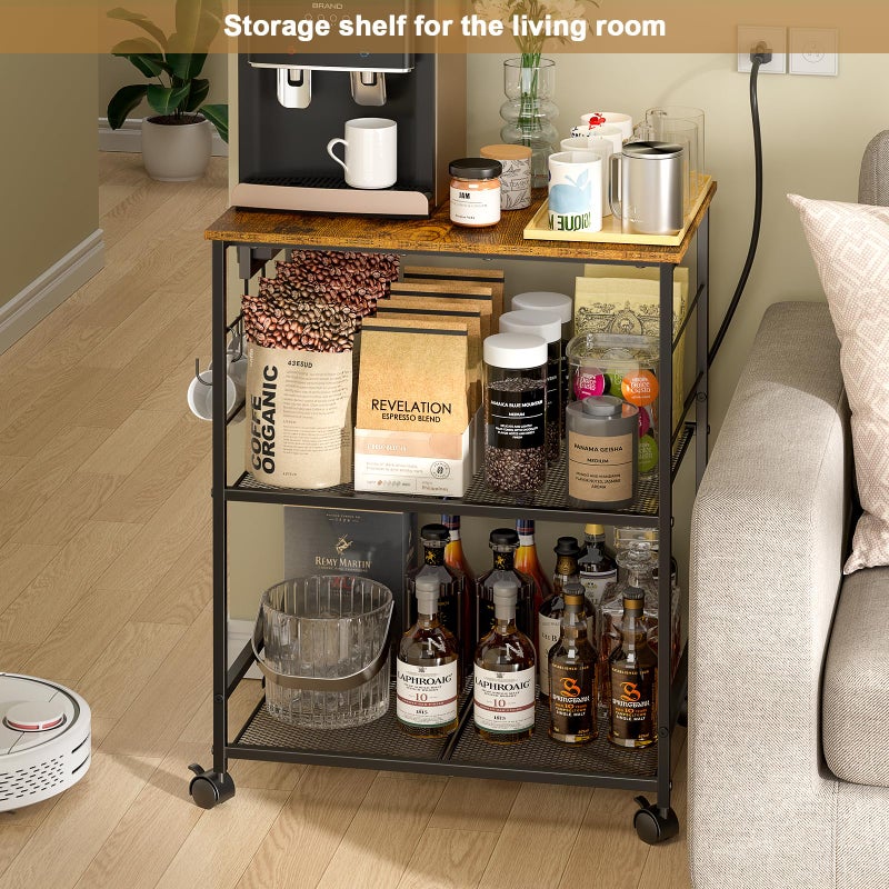 ThreeHio Rolling Kitchen Microwave Cart with Power Outlet, 3 Tier Microwave Table Stand with Storage, Kitchen Utility Cart on Wheels, Small Coffee Cart Shelf Rack Organizer for Living Room Office - Image 4