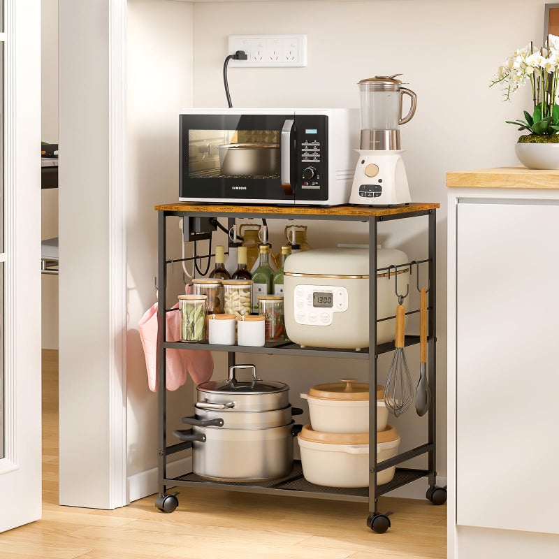 ThreeHio Rolling Kitchen Microwave Cart with Power Outlet, 3 Tier Microwave Table Stand with Storage, Kitchen Utility Cart on Wheels, Small Coffee Cart Shelf Rack Organizer for Living Room Office - Image 2
