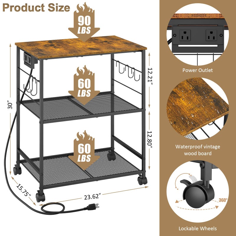 ThreeHio Rolling Kitchen Microwave Cart with Power Outlet, 3 Tier Microwave Table Stand with Storage, Kitchen Utility Cart on Wheels, Small Coffee Cart Shelf Rack Organizer for Living Room Office - Image 3