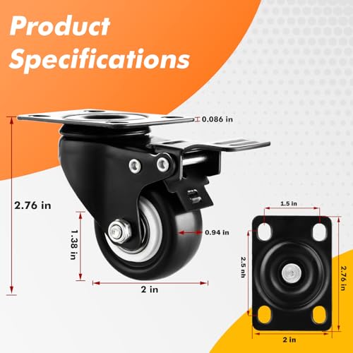 GcFoir 2" Casters Set of 8 Heavy-duty Industrial Caster Wheels, Polyurethane (PU) No Noise Wheels with Double Locking and Double Ball Bearing, Swivel Casters for Workbench, Furniture, Plate Castors Black - Image 4