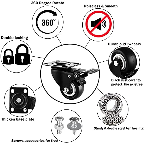 GcFoir 2" Casters Set of 8 Heavy-duty Industrial Caster Wheels, Polyurethane (PU) No Noise Wheels with Double Locking and Double Ball Bearing, Swivel Casters for Workbench, Furniture, Plate Castors Black - Image 3