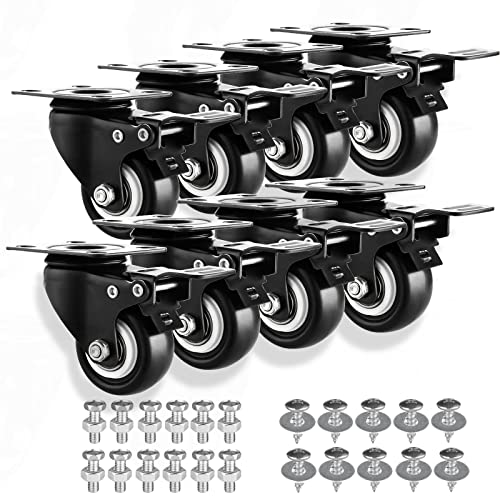 GcFoir 2" Casters Set of 8 Heavy-duty Industrial Caster Wheels, Polyurethane (PU) No Noise Wheels with Double Locking and Double Ball Bearing, Swivel Casters for Workbench, Furniture, Plate Castors Black - Image 1