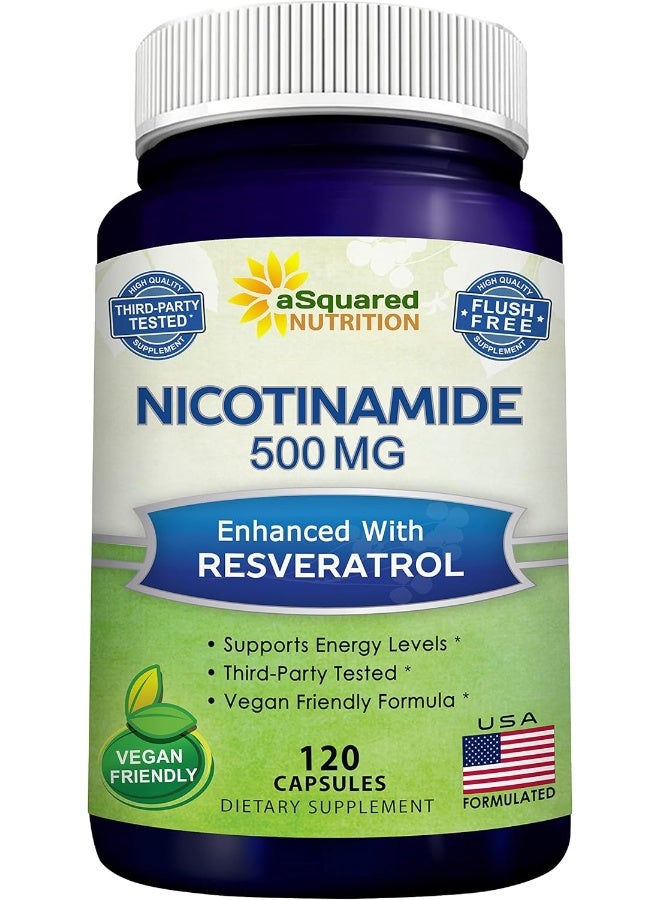 aSquared Nutrition Nicotinamide with Resveratrol - 120 Veggie Capsules - Vitamin B3 500mg (Niacinamide Flush Free) - Image 1