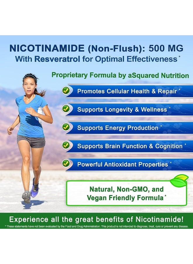 aSquared Nutrition Nicotinamide with Resveratrol - 120 Veggie Capsules - Vitamin B3 500mg (Niacinamide Flush Free) - Image 3